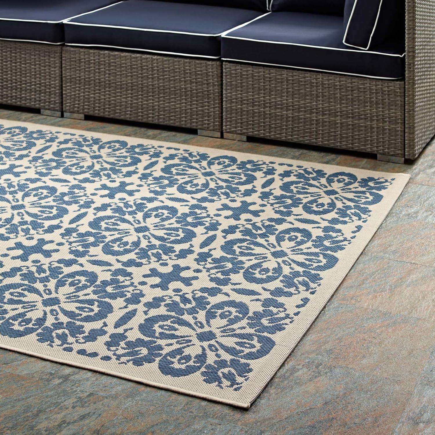 Ariana Vintage Floral Trellis 5x8 Blue and Beige Indoor-Outdoor Rug