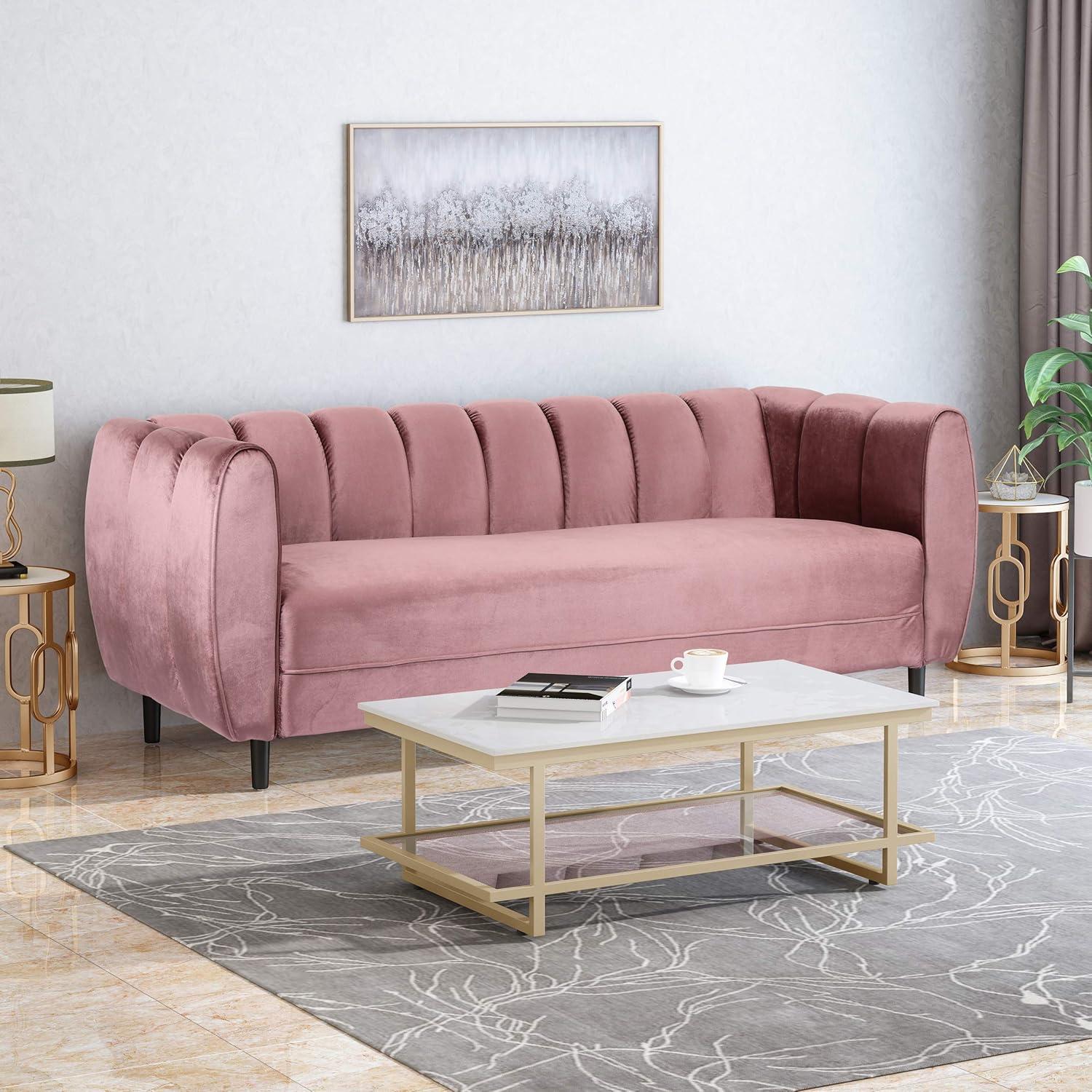 Blush Velvet Tufted 3-Seater Sofa with Dark Brown Legs