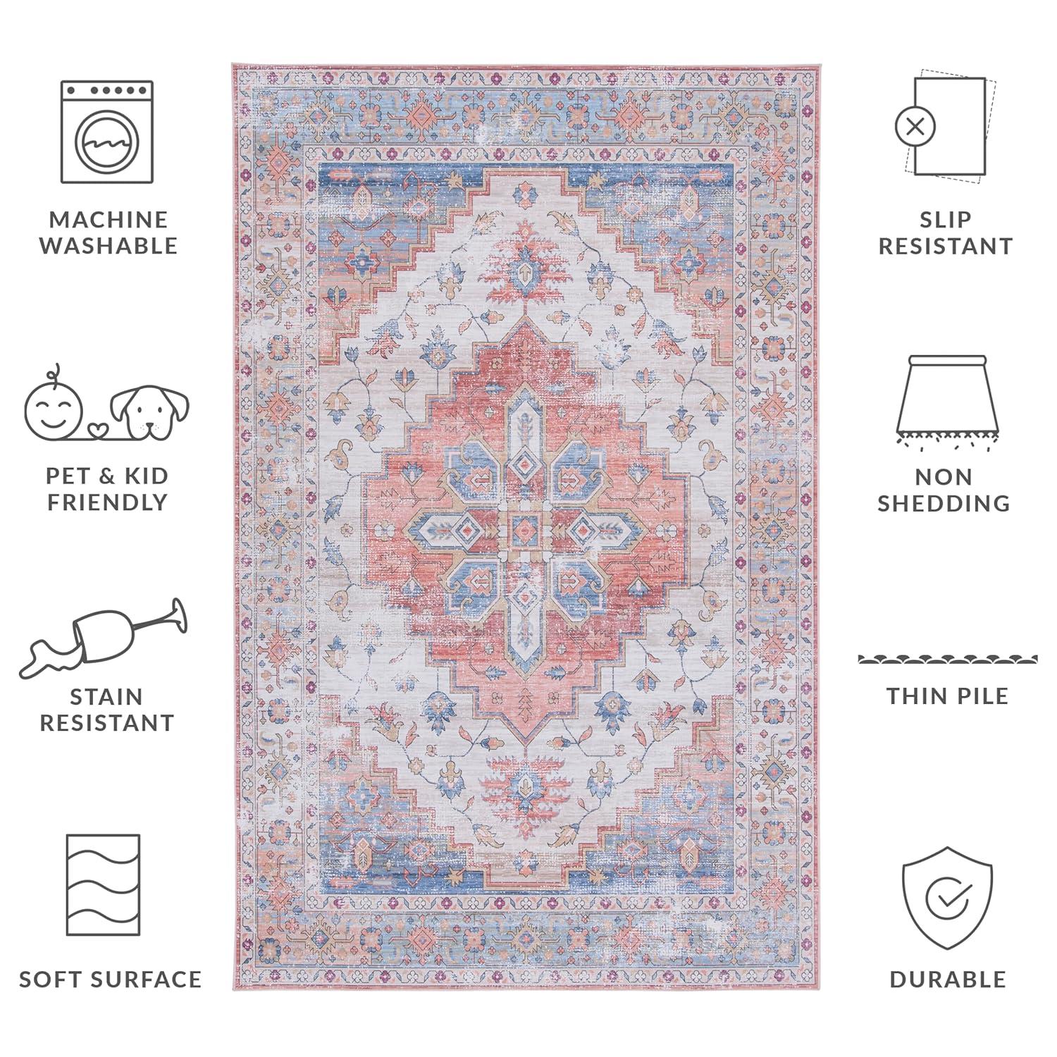 Tucson Vintage Persian TSN109 Power Loomed Machine Washable Skid-Resistant Indoor Area Rug - Beige/Blue - 5'x8' - Safavieh