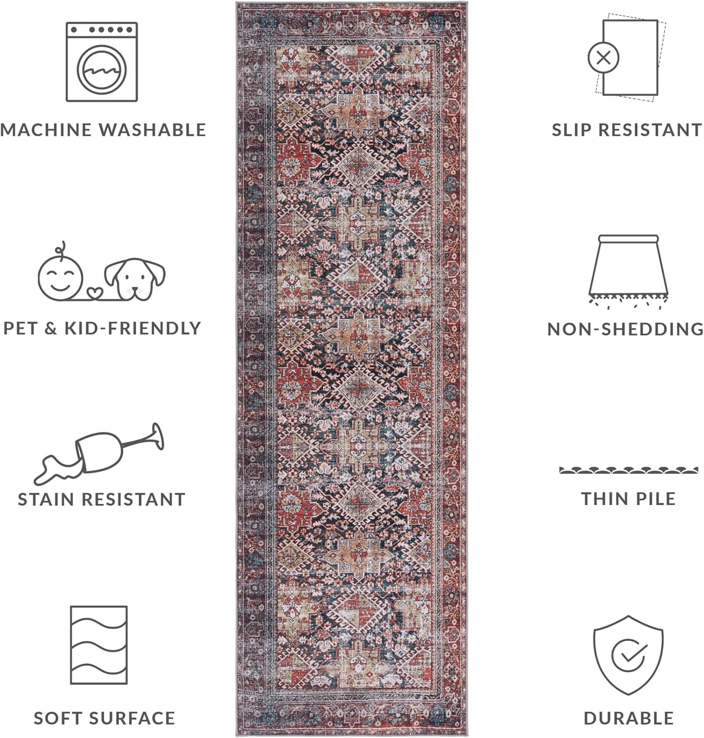 SAFAVIEH Tucson Forrester Oriental Machine Washable Area Rug, Navy/Rust, 2'6" x 22'