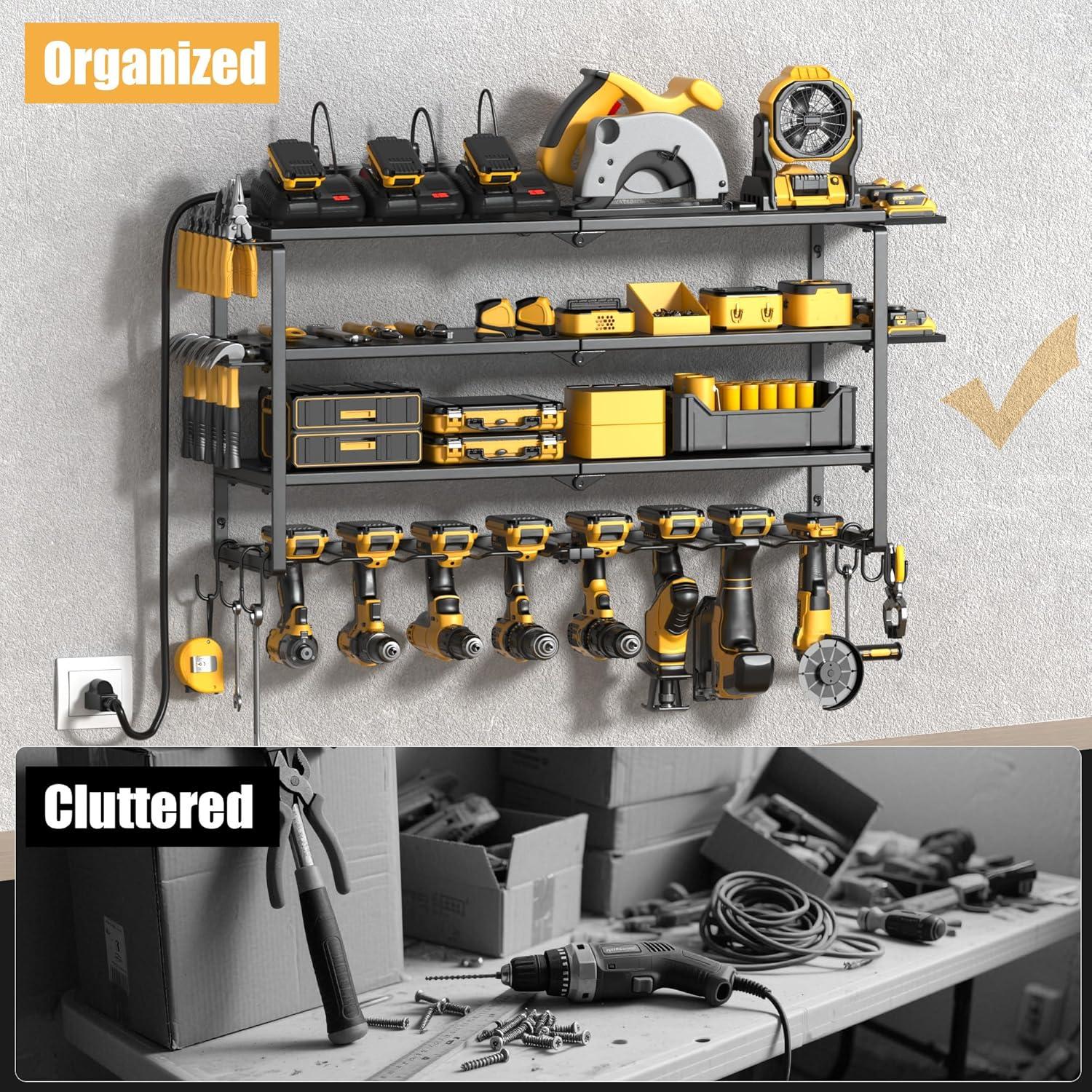 UNIVERSAL WINDOW SOLUTIONS Power Tool Organizer With Charging Station, 8 Drill Holder Wall Mount, 4 Layer Storage Rack For Garage Storage, Heavy Duty Utility Racks, Tool Battery Shelf With 6 Outlet Power Strip