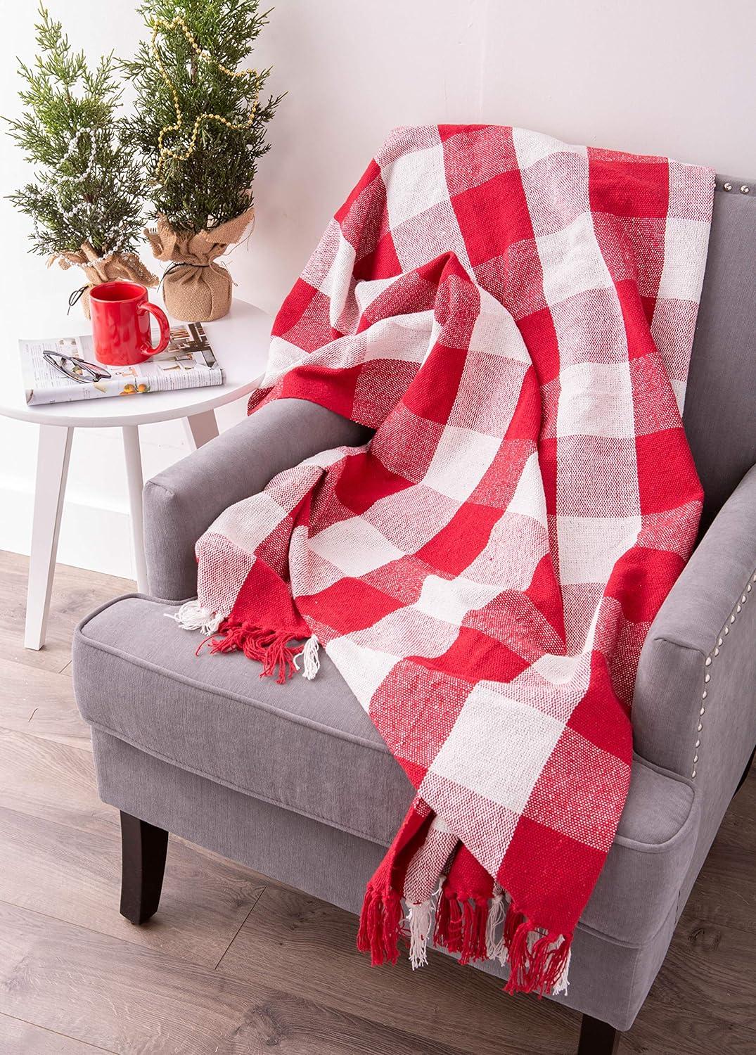 50"x60" Buffalo Check Throw Blanket Red/White - Design Imports: Cotton Woven, Lightweight, Machine Washable