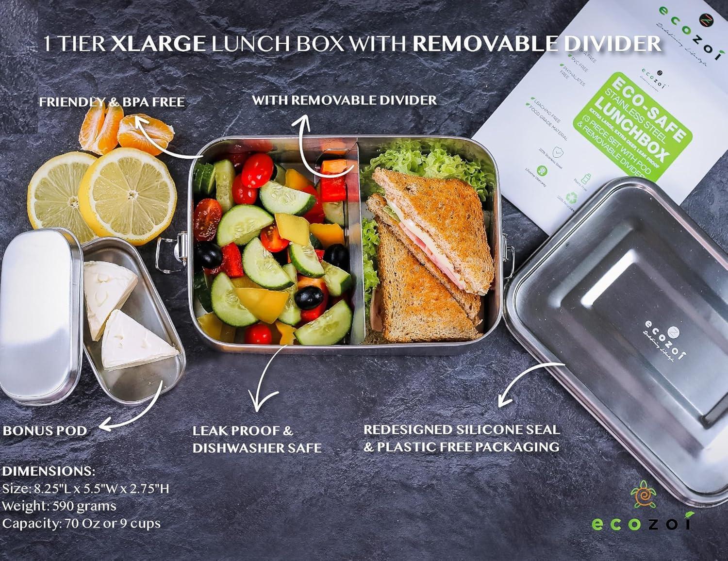 Ecozoi Stainless Steel Lunch Box, Leak Proof 1-Tier Eco Metal Bento Box with Bonus POD | Sustainable Zero Waste Eco Friendly Tiffin Food Storage Container