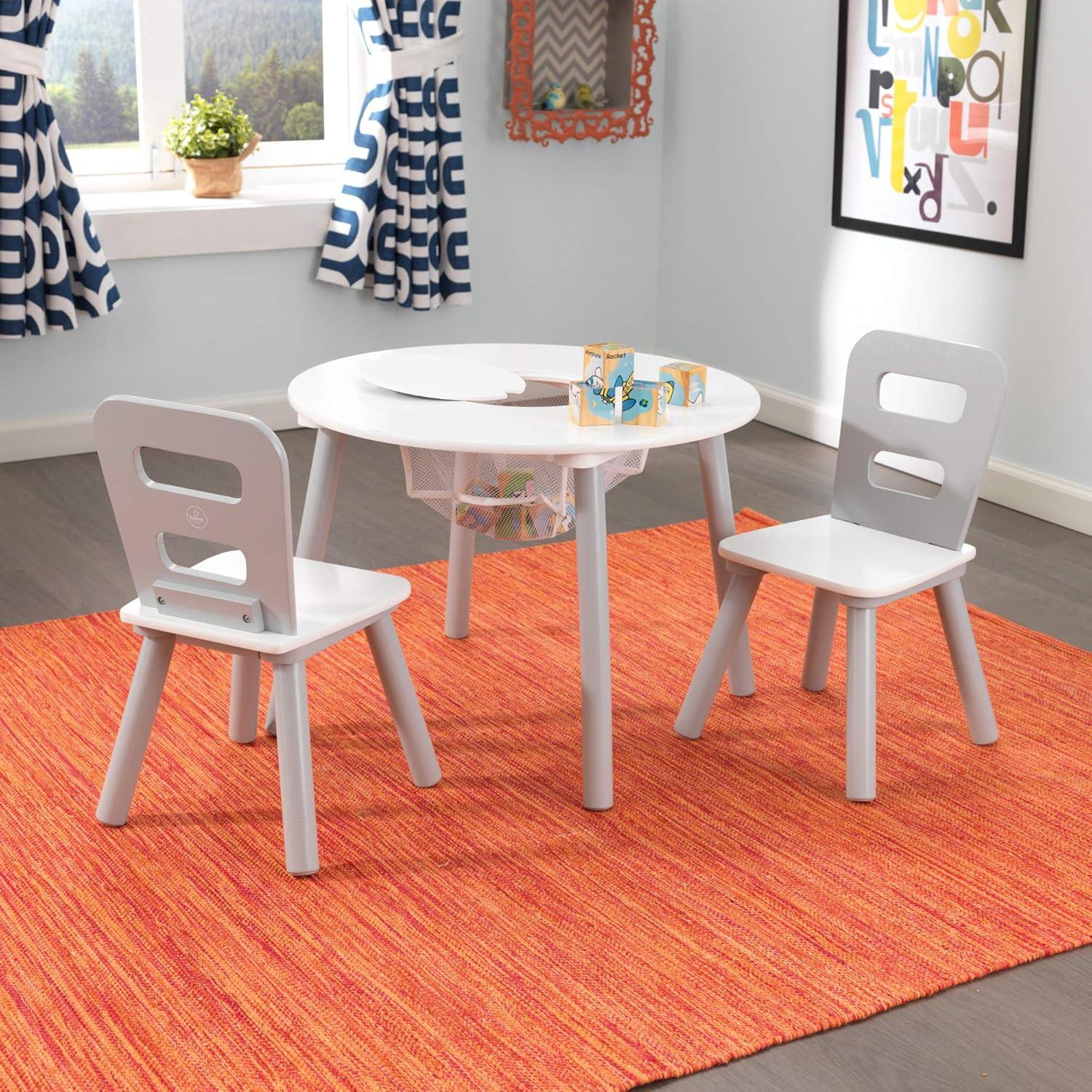 KidKraft Wooden Kids Round Storage Table & 2 Chair Set, Gray & White