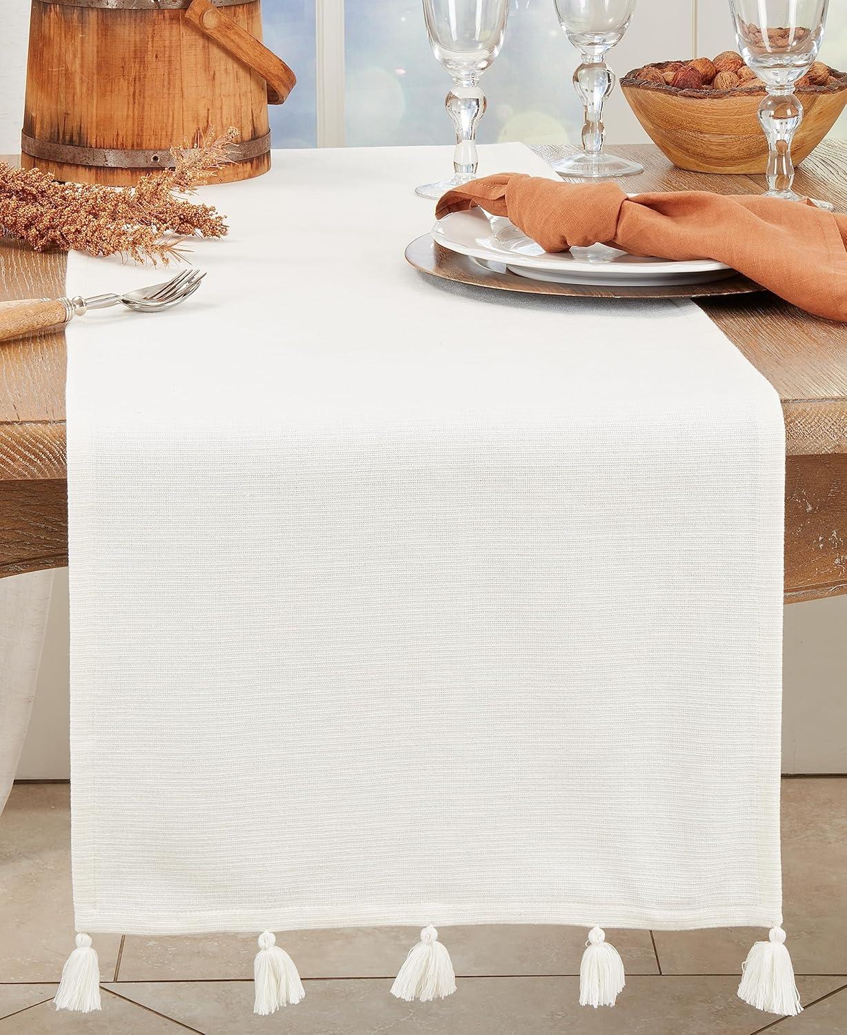 White Cotton Modern Minimalist Tassel Table Runner