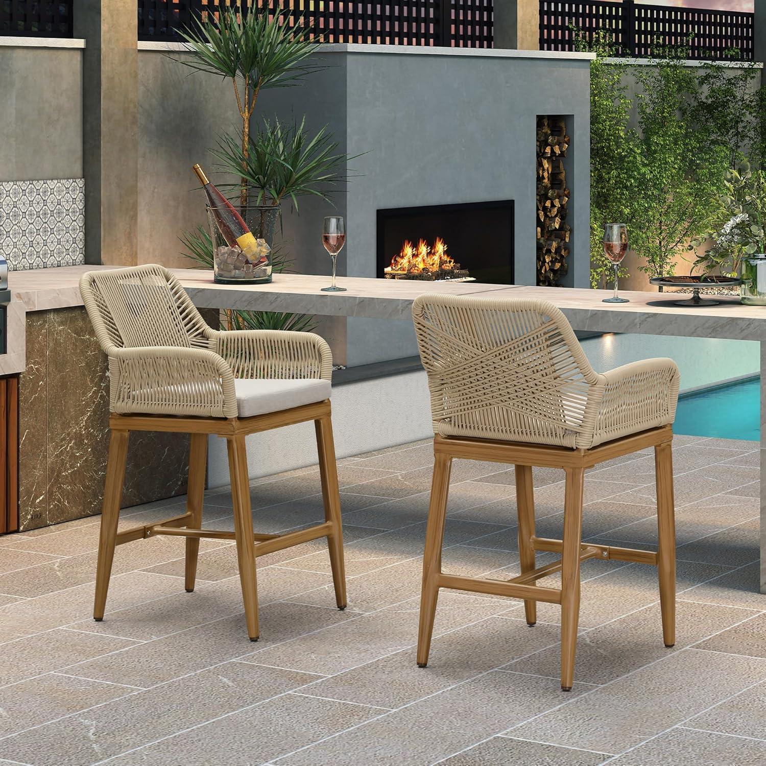PURPLE LEAF Outdoor 24" Counter Height Bar Stools Chair Set of 2, All Weather Rattan and Aluminum Patio Bar Stool with Cushion for Indoor and Outdoor, Kitchen Island, Teak
