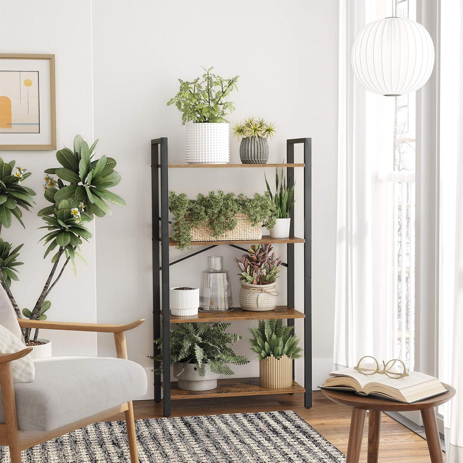 VASAGLE Storage Rack 4-Tier Bookshelf Bookcase Ladder Shelf Plant Stand for Living Room Office Rustic Brown and Black