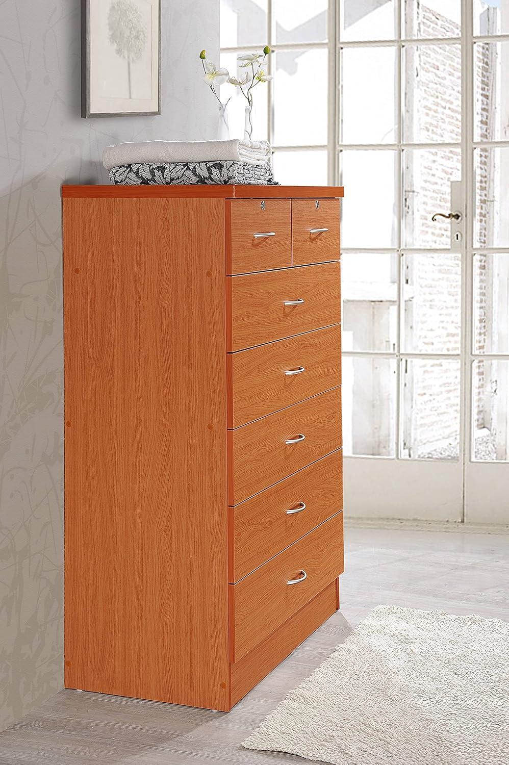 Hodedah 7 Drawer Wooden Jumbo Dresser Chest with 2 Top Locks, Cherry