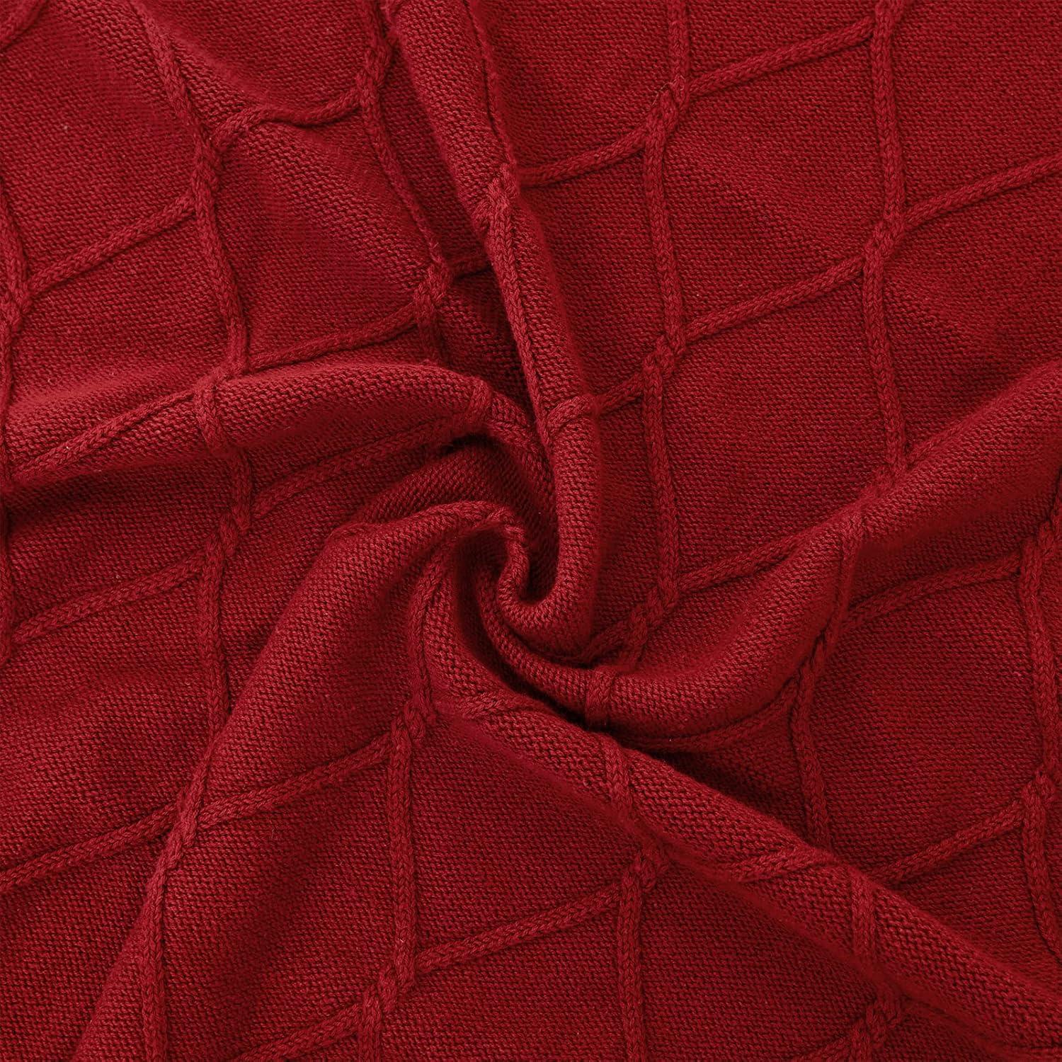 Longhui bedding 100% Cotton Burgundy Cable Knit Throw Blanket with Bonus Laundering Bag – Large 50 x 63 Inch Thick, Extra Cozy, Machine Washable, Home Decor, 2.35LB