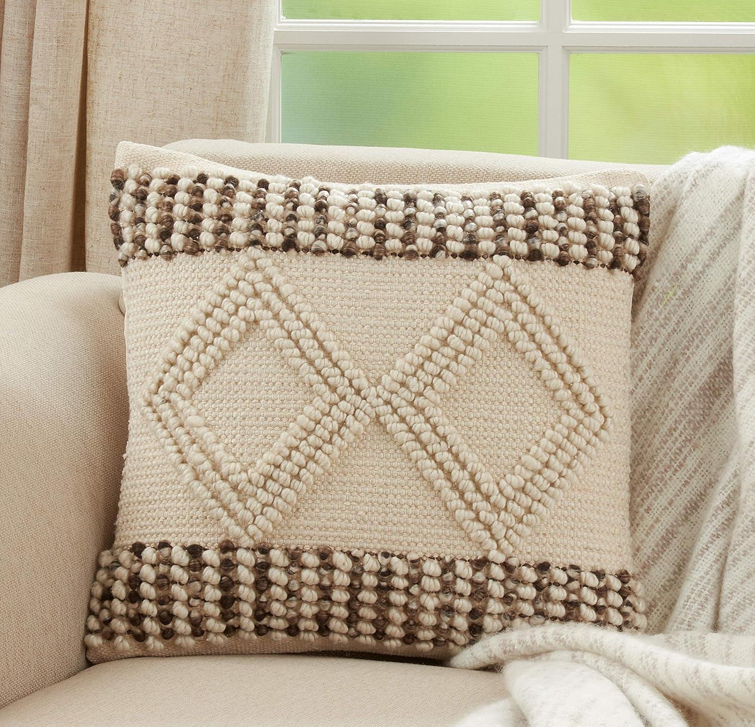 18"x18" Diamond Design Woven Square Pillow Cover Ivory - Saro Lifestyle: Bohemian Style, Zipper Closure