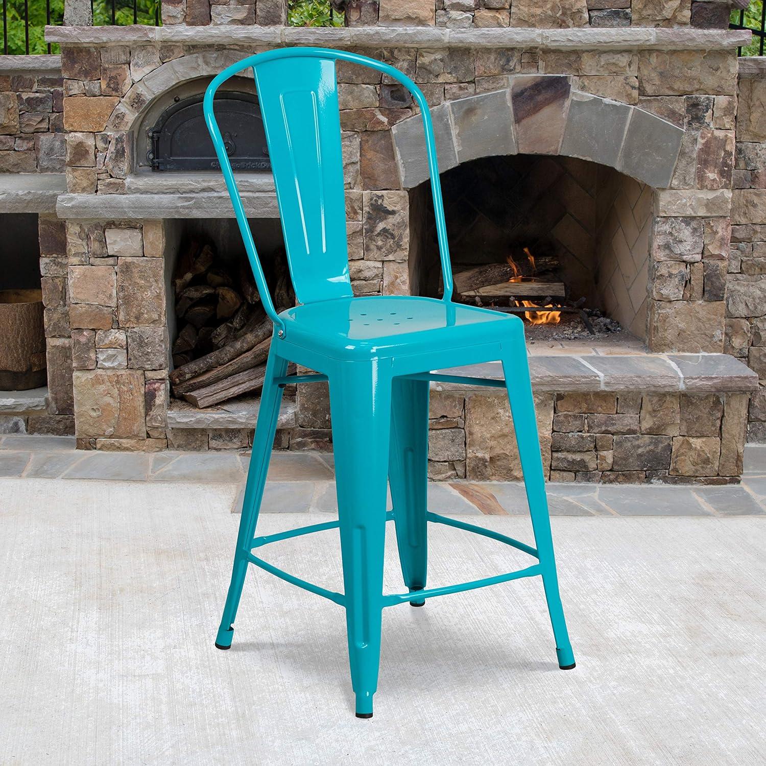 Emma and Oliver Commercial Grade 24"H Teal-Blue Metal Indoor-Outdoor Counter Stool w/ Back