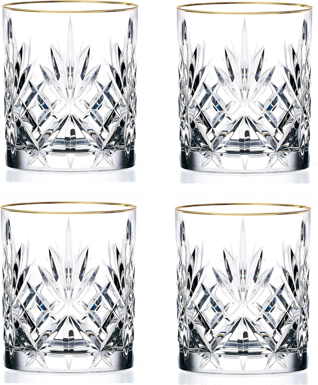 Posh Crystal Whiskey Glasses with Gold Rim, Set of 4