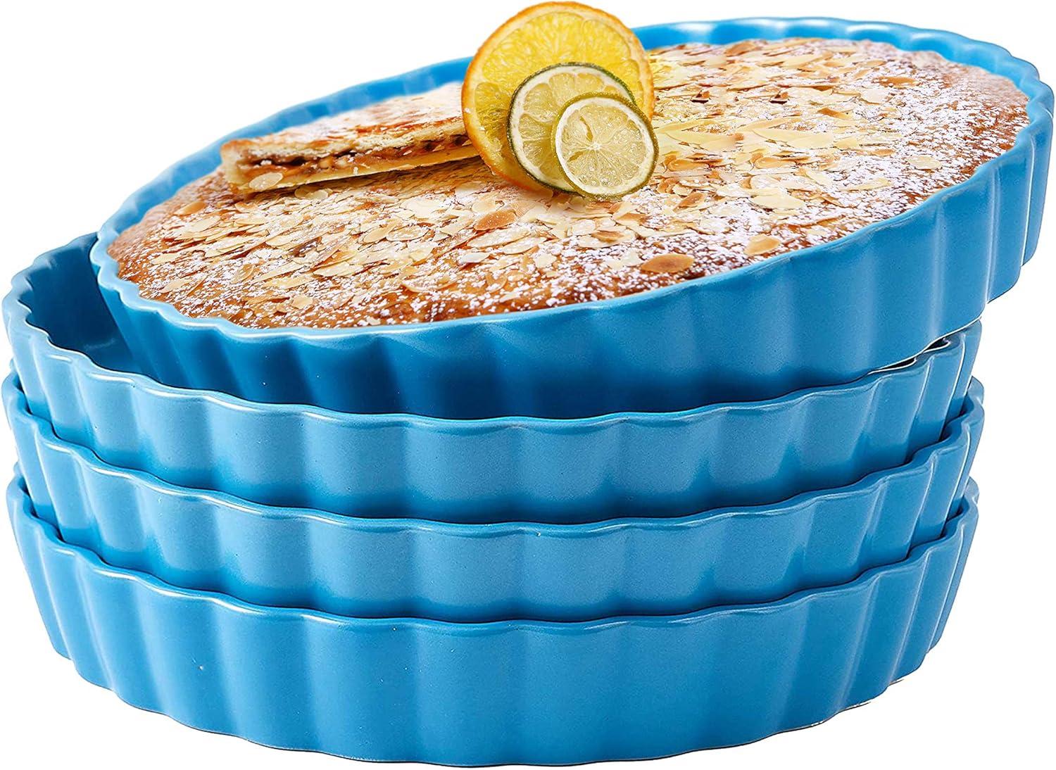 Bruntmor Ceramic Pie Pans Set of 4, Baking Dishes/Quiche Dish/Apple Pie/Tart. Oven Safe Nonstick Porcelain Round Baking Plate/Pot/Tart Pan. 10"/ Blue