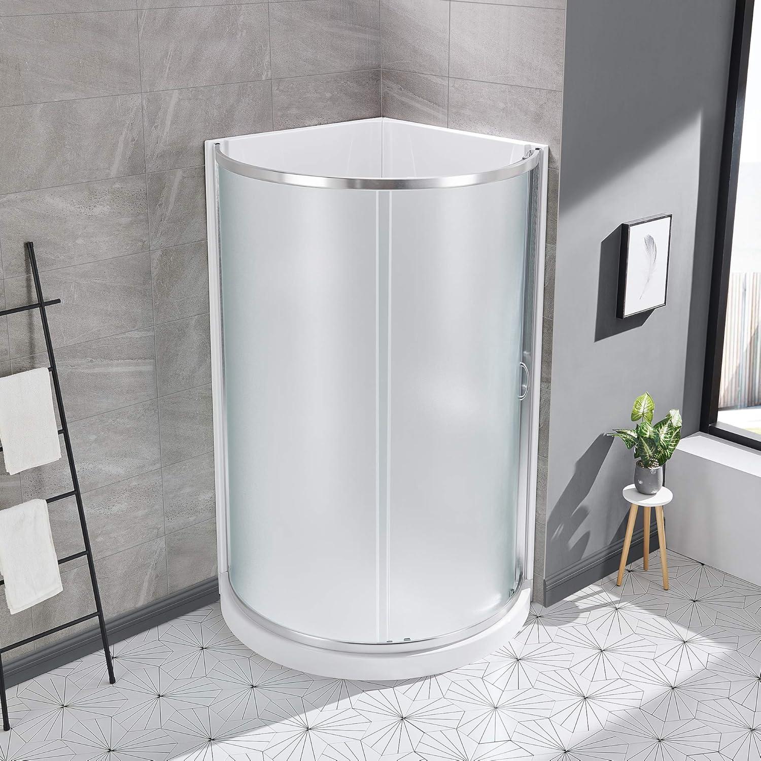 OVE Decors Breeze 40 in. Framed Round Shower Kit w/ Frosted Glass, Base, Wall in Chrome Finish