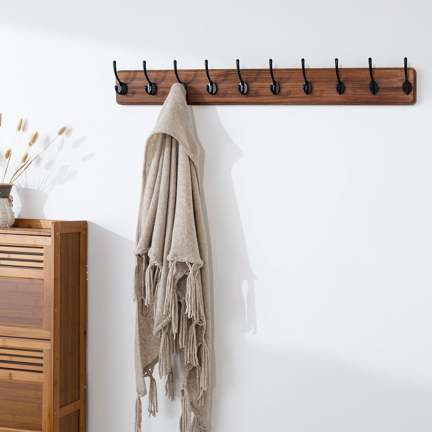 Rustic Pine Wood Wall Mounted Coat Rack with 10 Hooks