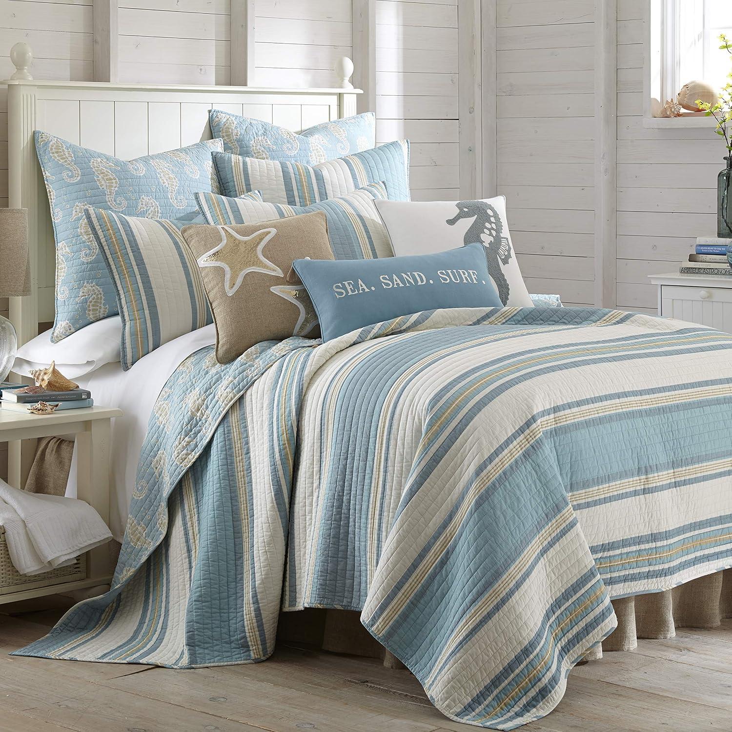 Coastal Seahorse Cotton Euro Sham Set, Aqua Blue and Tan