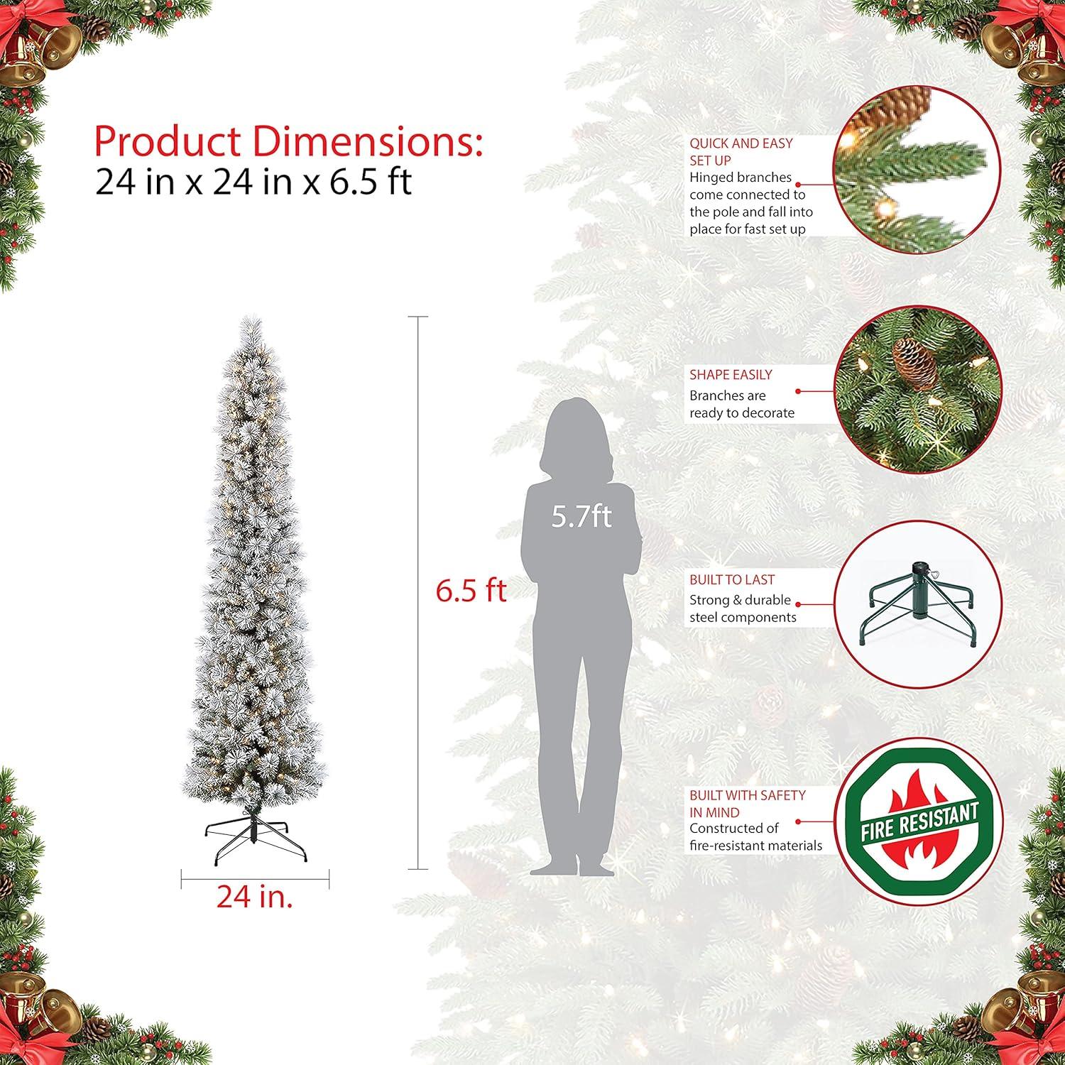 Puleo International 6.5 ft. Pre-Lit Flocked Portland Pine Pencil Artificial Christmas Tree with 300 UL- Listed Clear Lights