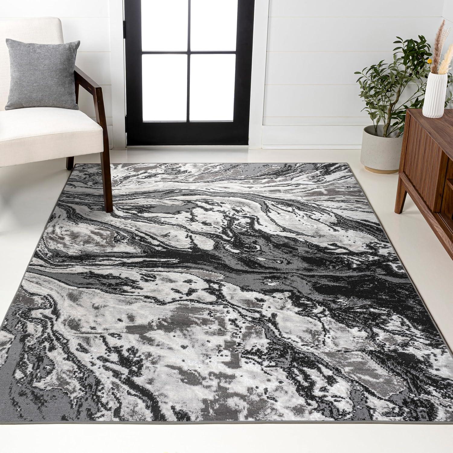 5'x8' Swirl Marbled Abstract, Black/Ivory - JONATHAN Y