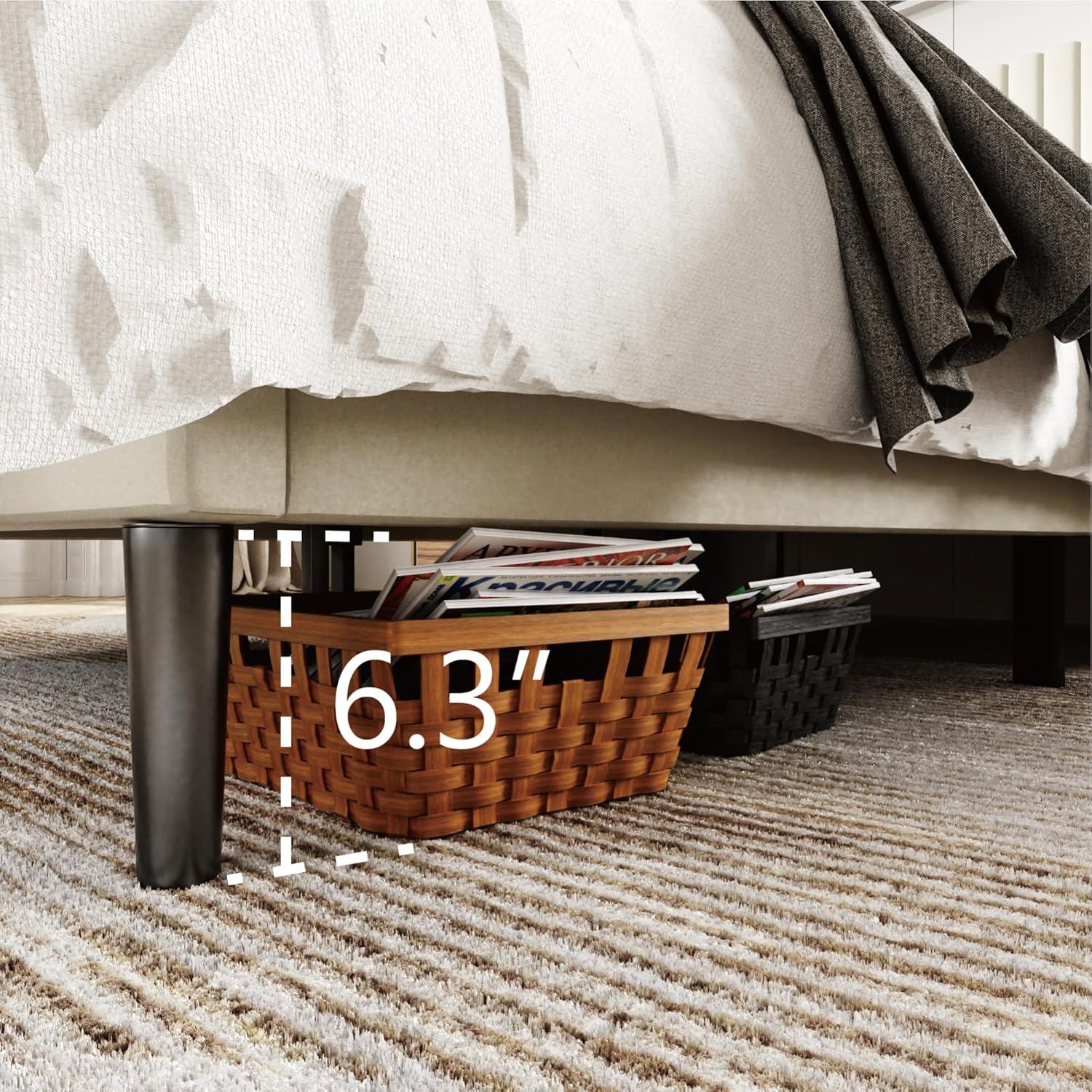 Full Bed Frame with Velvet Upholstered Headboard and Solid Wood Slats, Box Spring Optional, Mattress Base, Easy to Assemble, Beige