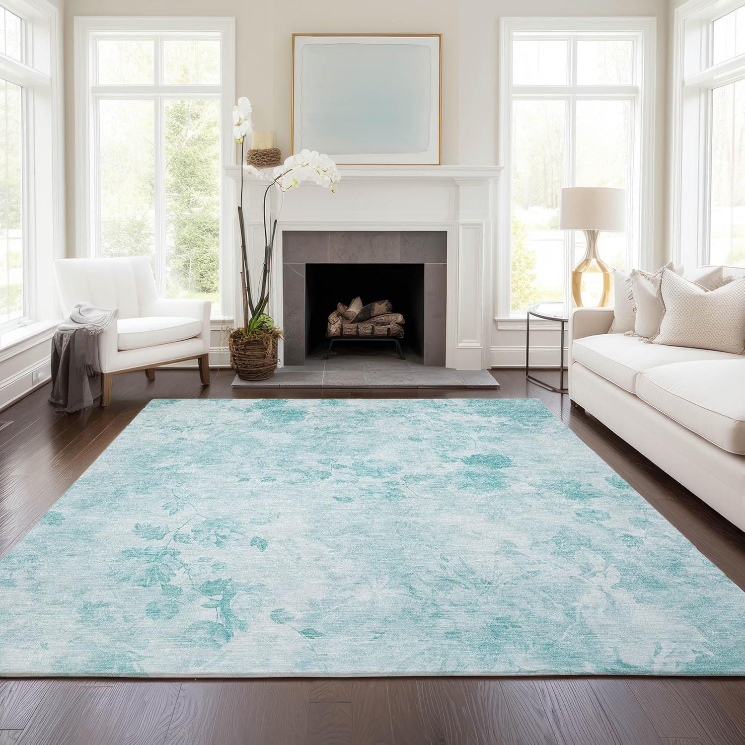 Aqua Floral Synthetic Indoor/Outdoor Washable Area Rug 2'6" x 3'10"