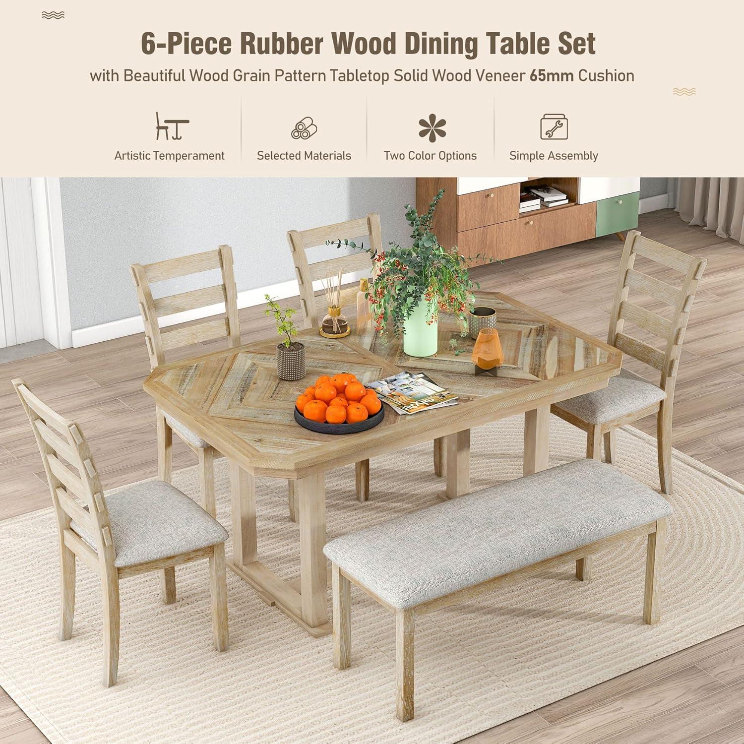 Dining Table Set for 6, 6 Piece Wood Kitchen Table Set, Dining Table and Chairs Set, Home Furniture Table Set with Chairs & Bench, Natural Wood Wash