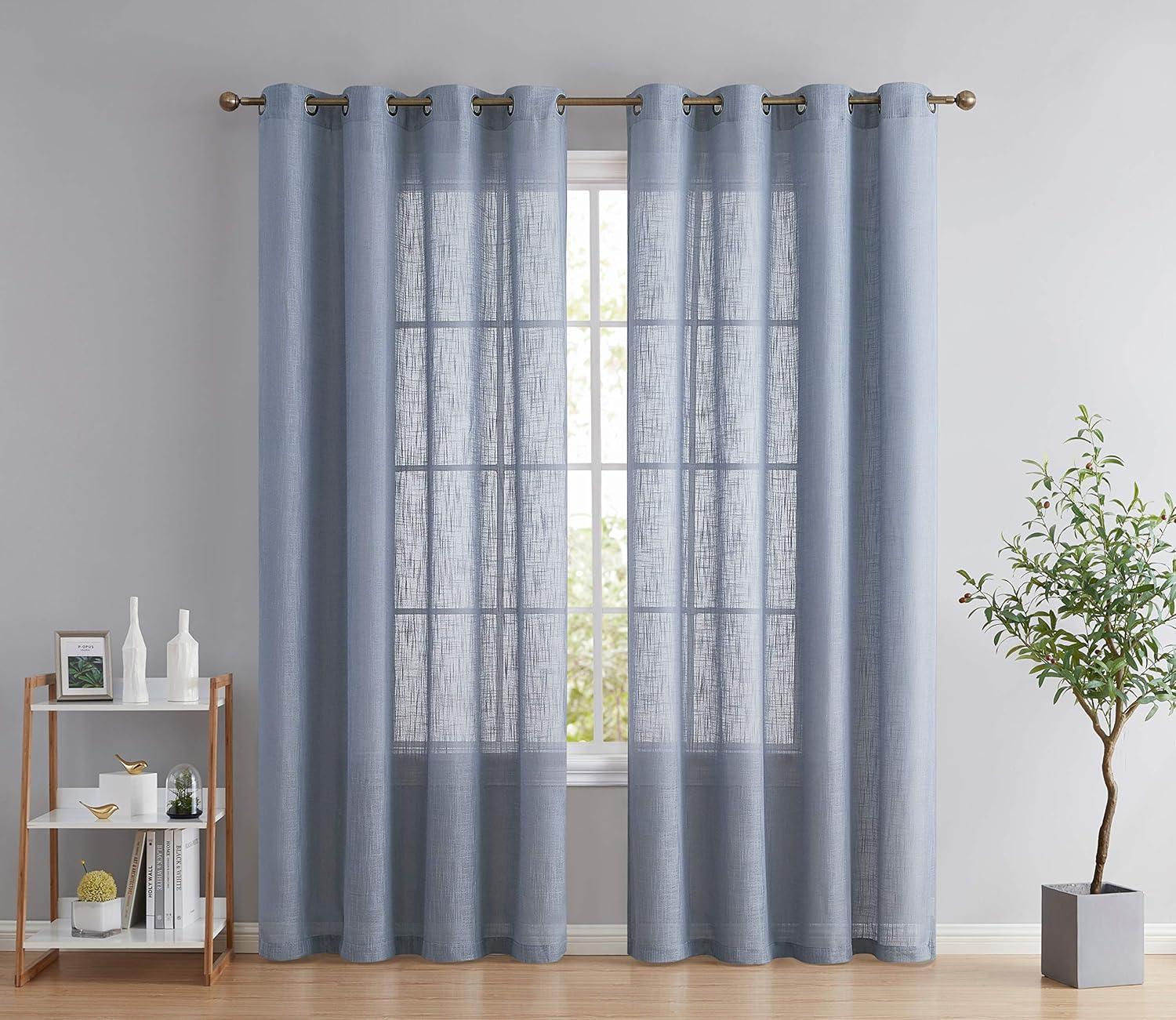 HLC.ME Abbey Faux Linen Textured Semi Sheer Privacy Light Filtering Window Grommet Thick Curtain Panels, Set of 2 - Dusty Blue, 54 W x 84 L