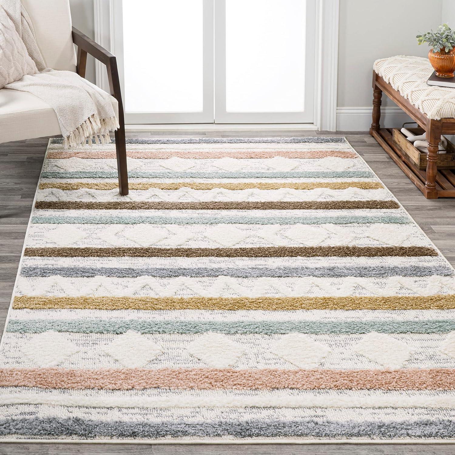 Faiza Moroccan Striped Geometric High-Low Area Rug - JONATHAN Y