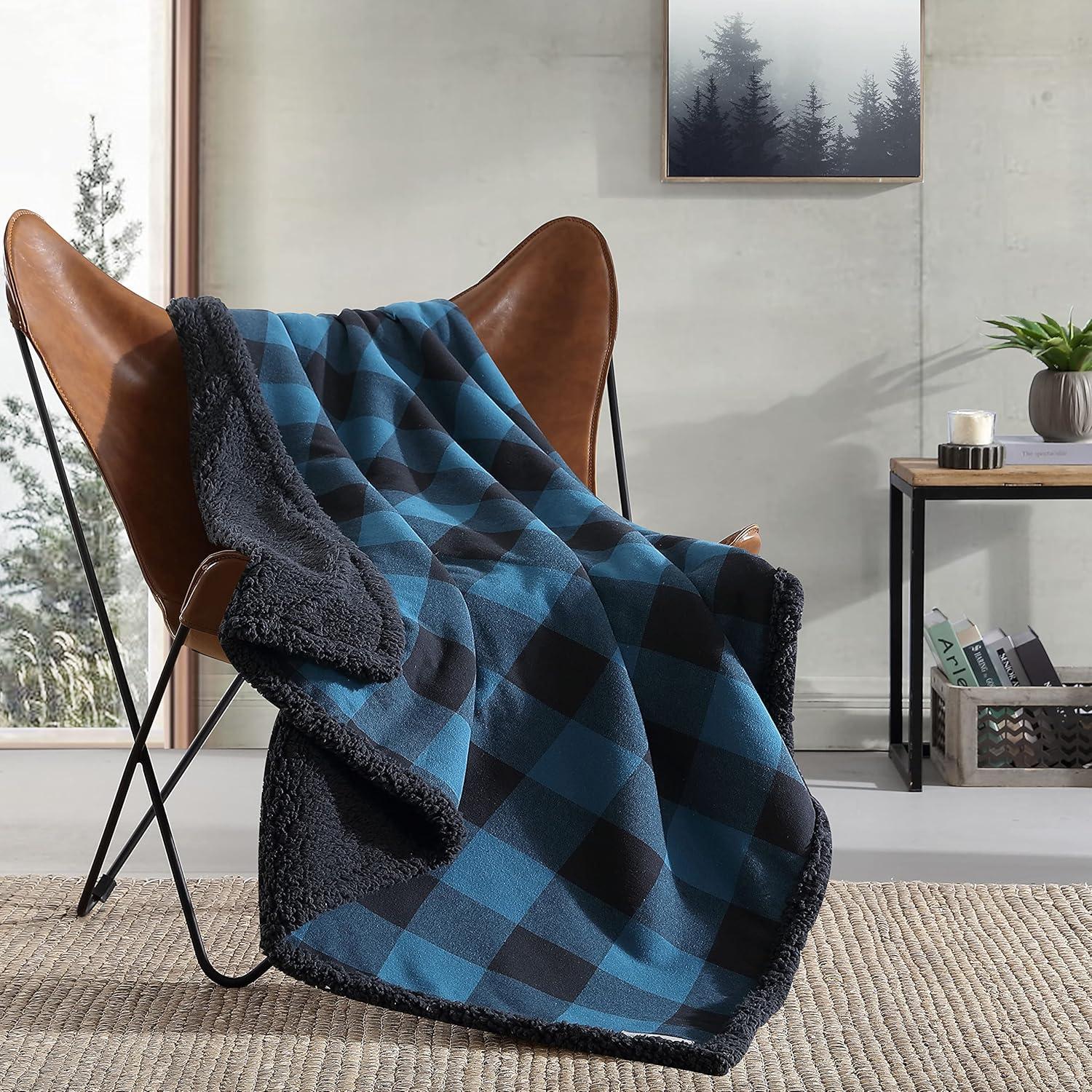 20"x20" Oversize Cabin Plaid Square Throw Pillow with 50"x60" Cabin Plaid Throw Blanket Set Blue/Black - Eddie Bauer