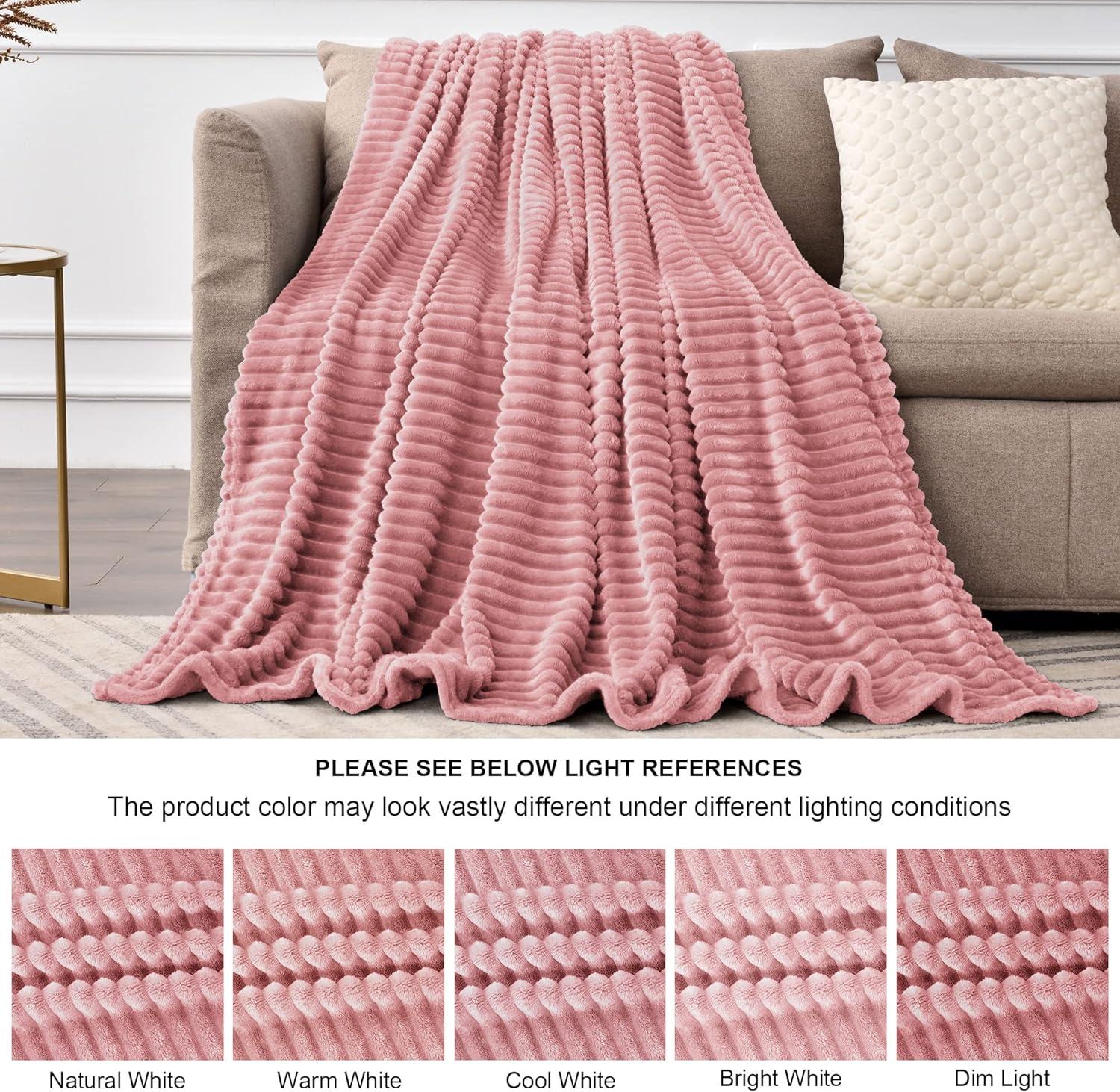 Pink Ribbed Fleece Reversible Throw Blanket 60x50 Inches