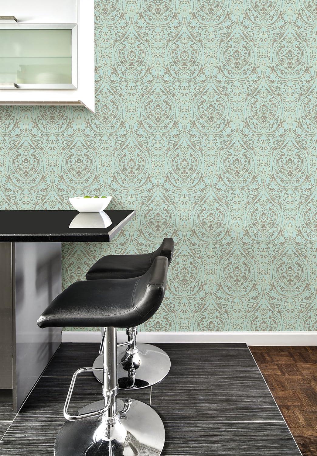 Turquoise Blue Damask Peel & Stick Wallpaper, 20.5" x 18'