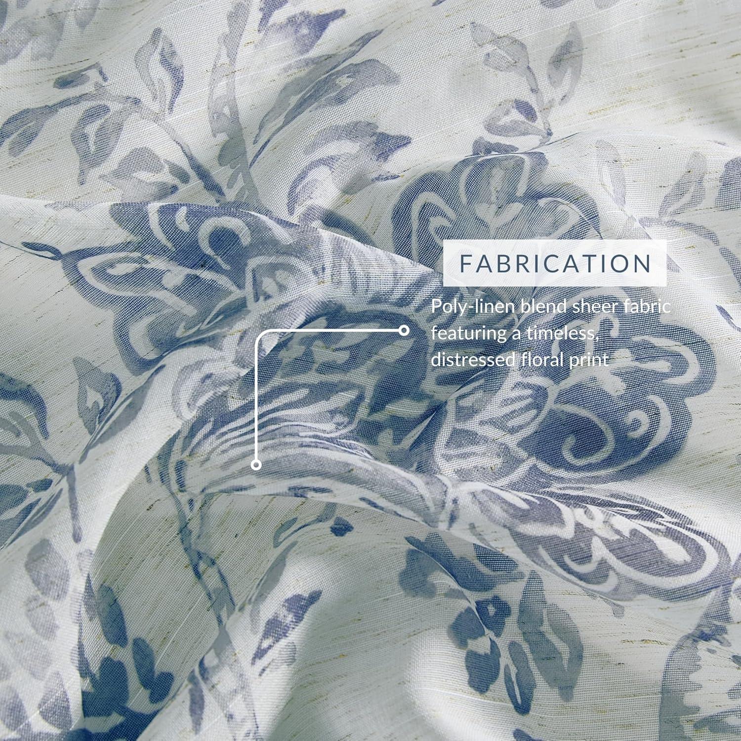 Westport Floral Tie-Top Cottagecore Sheer Single Window Curtain Panel - 52" x 84" - Indigo - Elrene Home Fashions