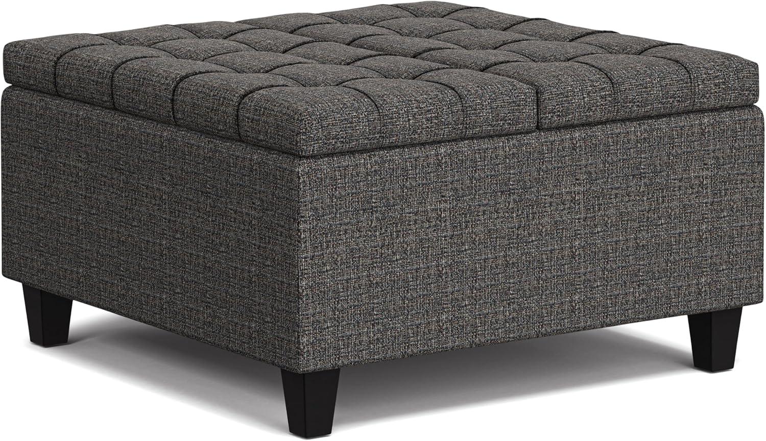 Simpli Home Harrison 30 inch Wide Transitional Square Small Coffee Table Storage Ottoman in Ebony Tweed Vegan Faux Leather