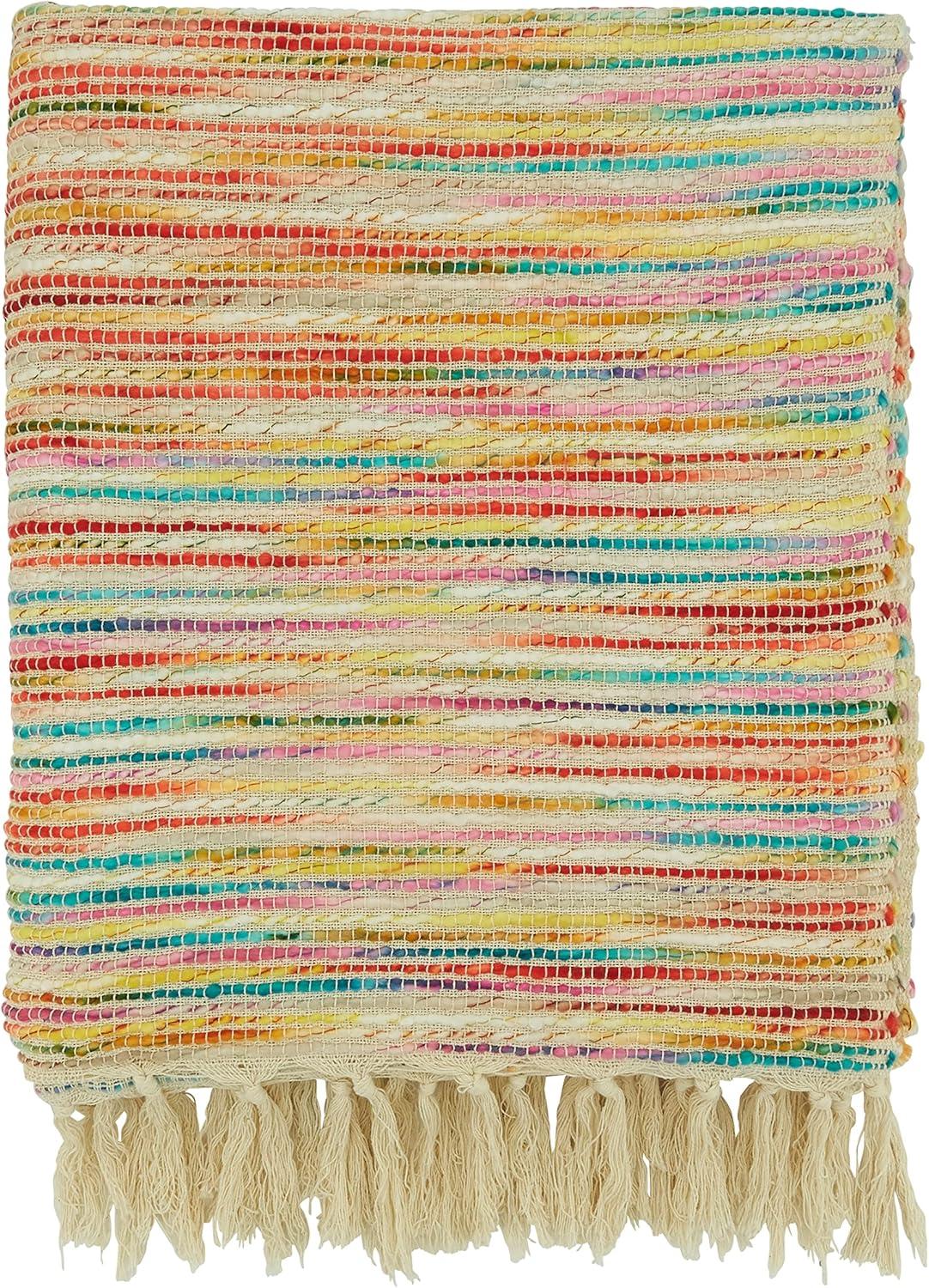 Multicolor Rainbow Stripe Cotton Acrylic Throw Blanket with Fringe