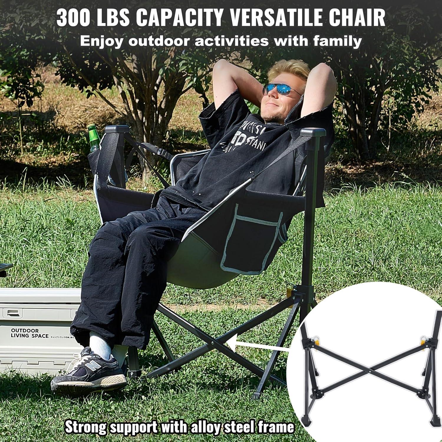 VEVOR Reclining Camping Chair, 300 lbs Load Camping Hammock Chair, Rocking Lounge Folding Chair with Cup Holder Storage Bag Headrest & Adjustable Backrest, for Camping and Other Outdoor Activities