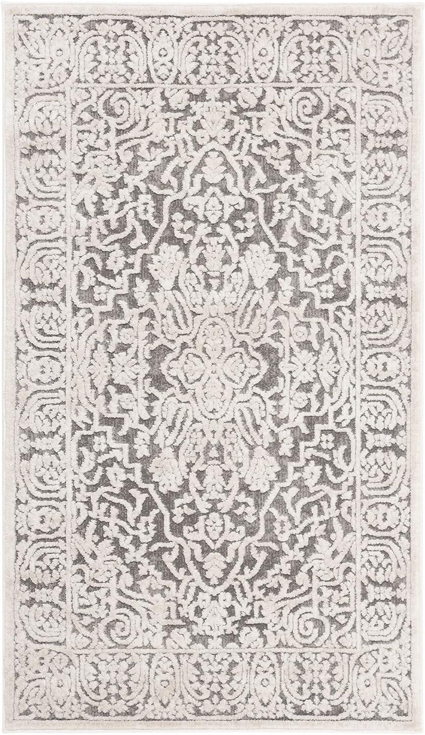 Elegant Gray and Cream Floral Synthetic Hand-Knotted Rug