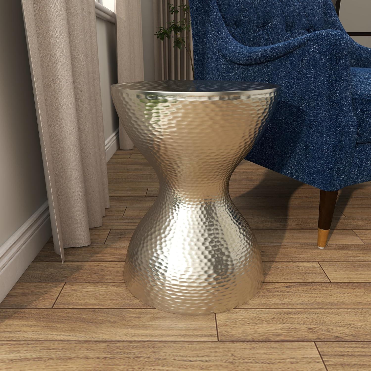 Modern Hourglass Hammered Metal Accent Table Silver - Olivia & May: Industrial Style, Iron Frame, No Assembly Required