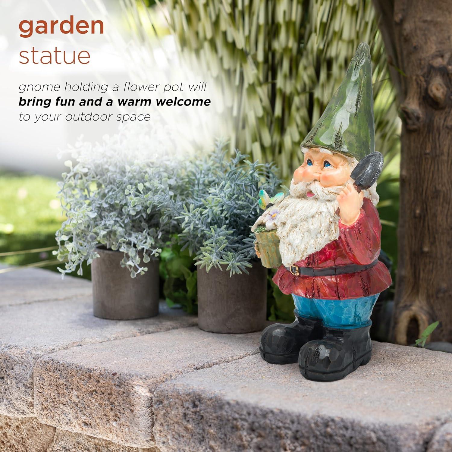 12" Polyresin Gnome With Flower Pot Statue - Alpine Corporation: Outdoor Decorative Sculpture for Patio & Garden
