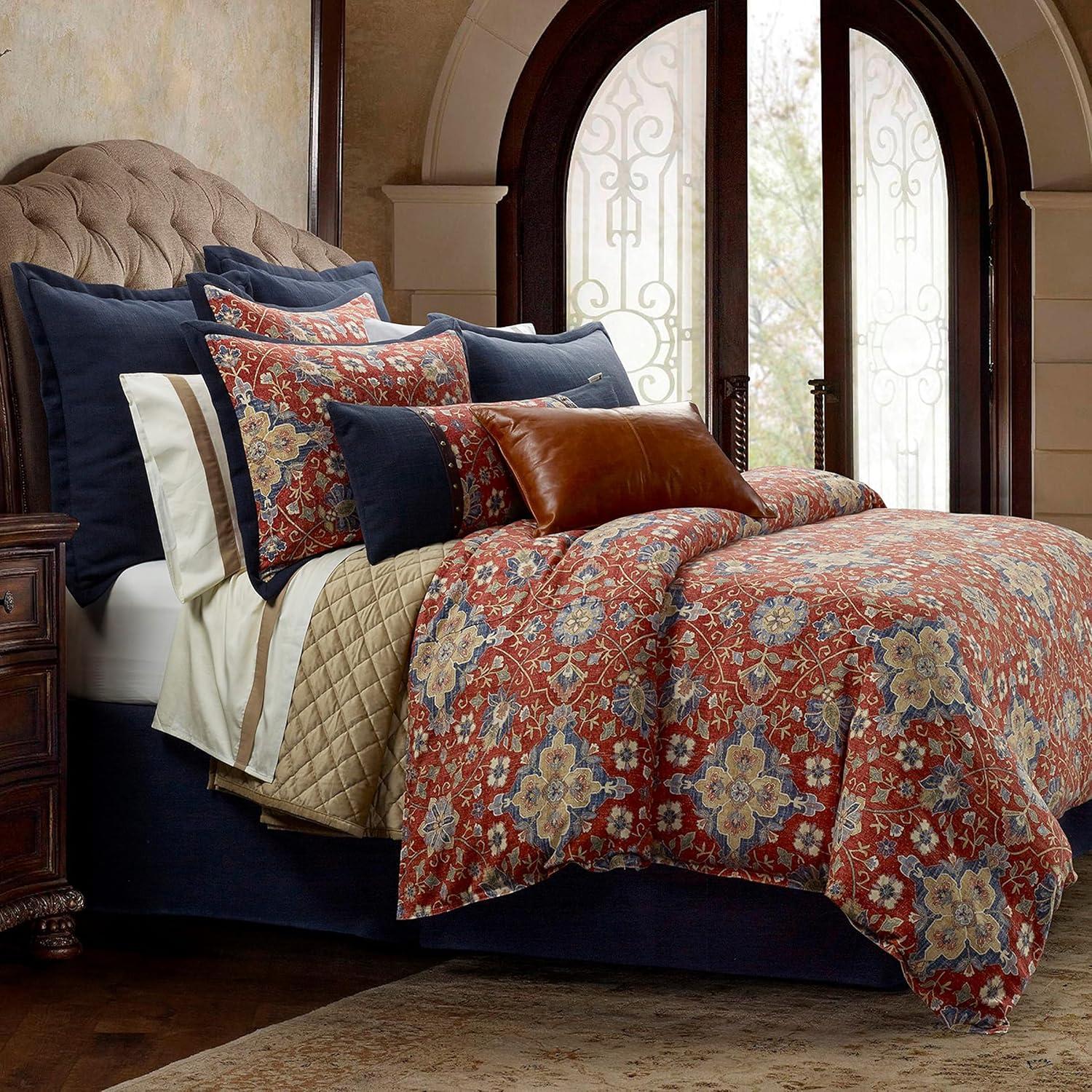 Melinda Red and Navy Floral Cotton Queen Duvet Cover Set