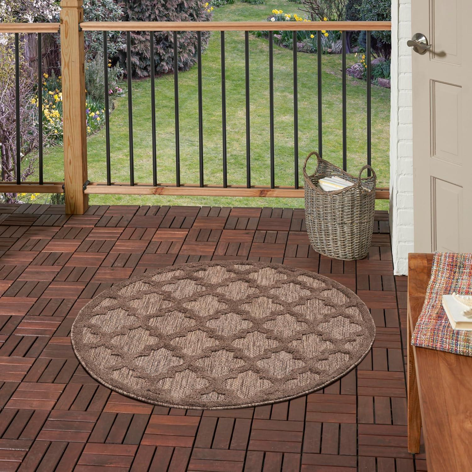 Nourison Easy Care 4' x Round Brown Modern Indoor/Outdoor Rug