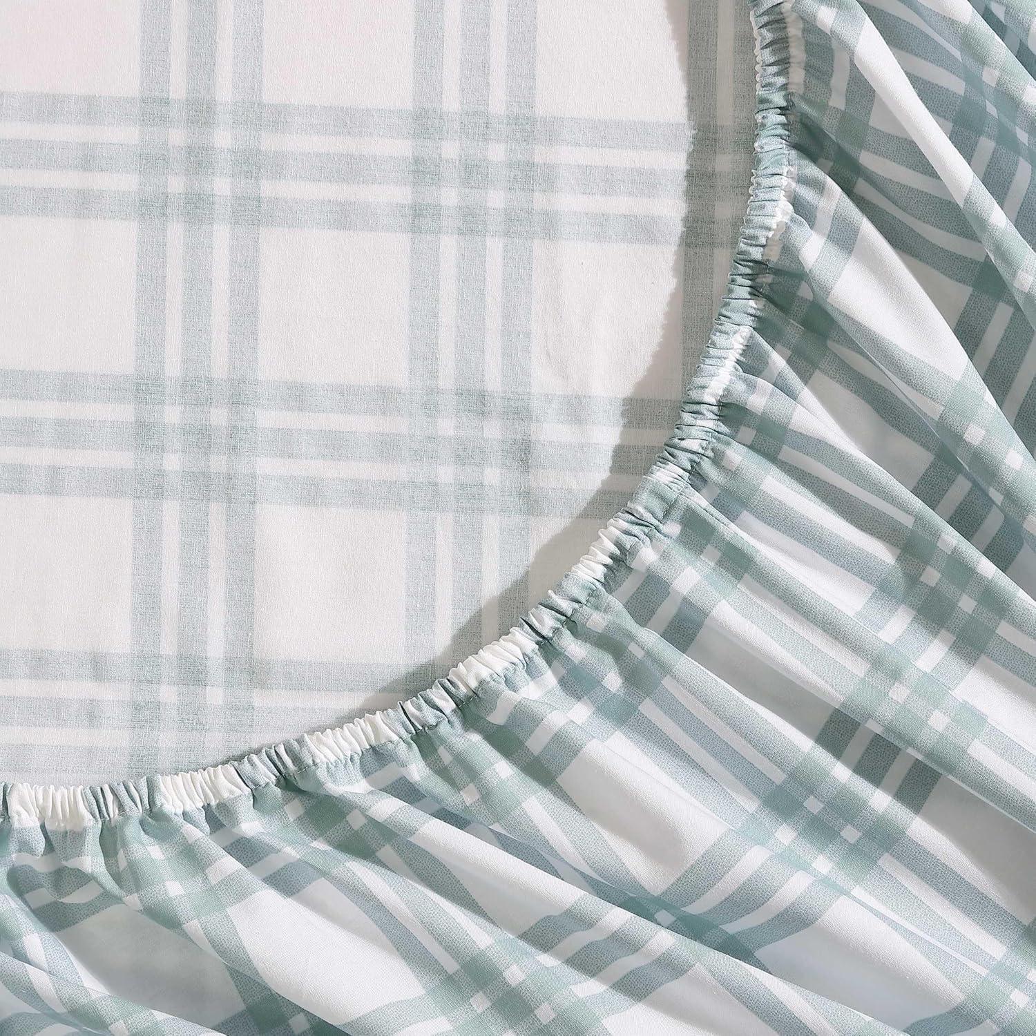 Queen White and Pale Green Plaid Cotton Percale Sheet Set