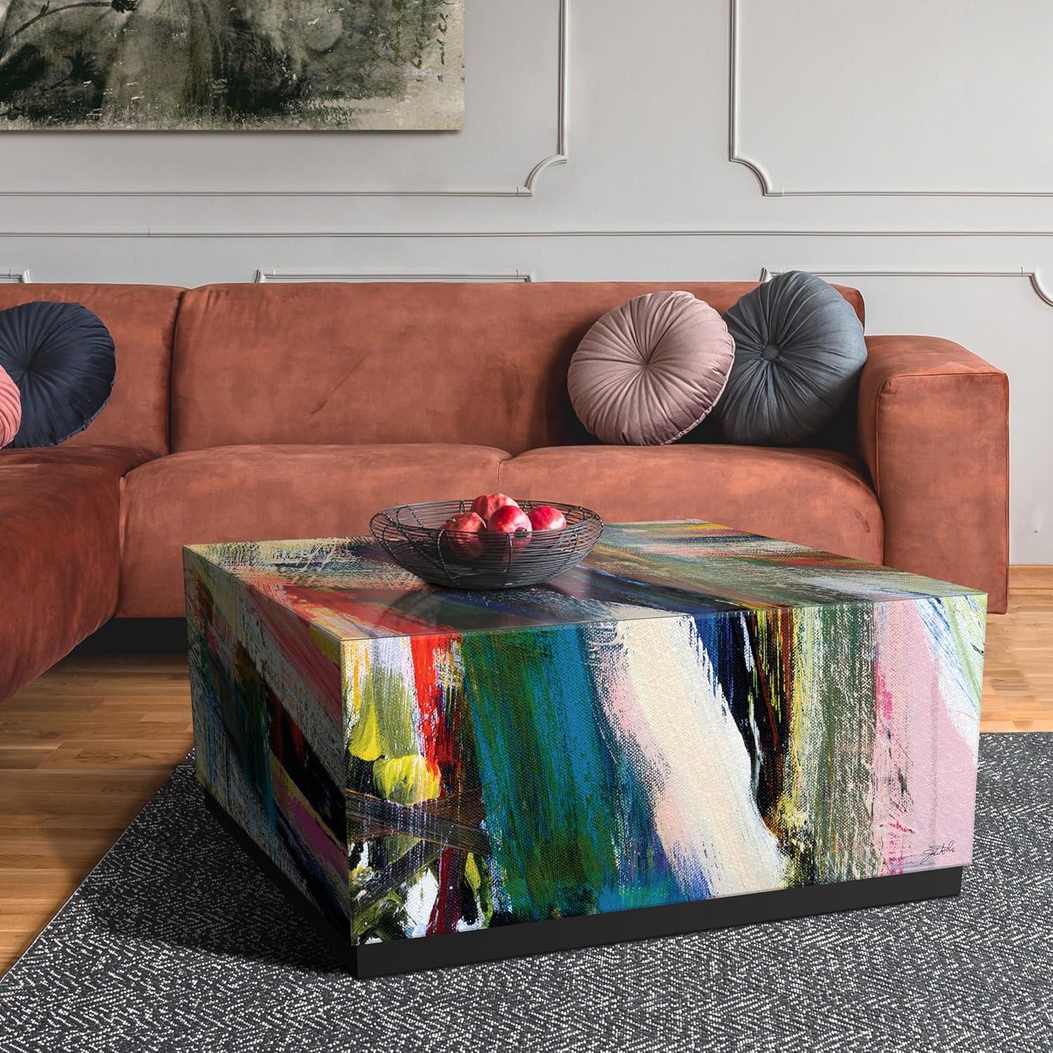 Reverse Printed Beveled Art Glass Cocktail Table Coffee Table