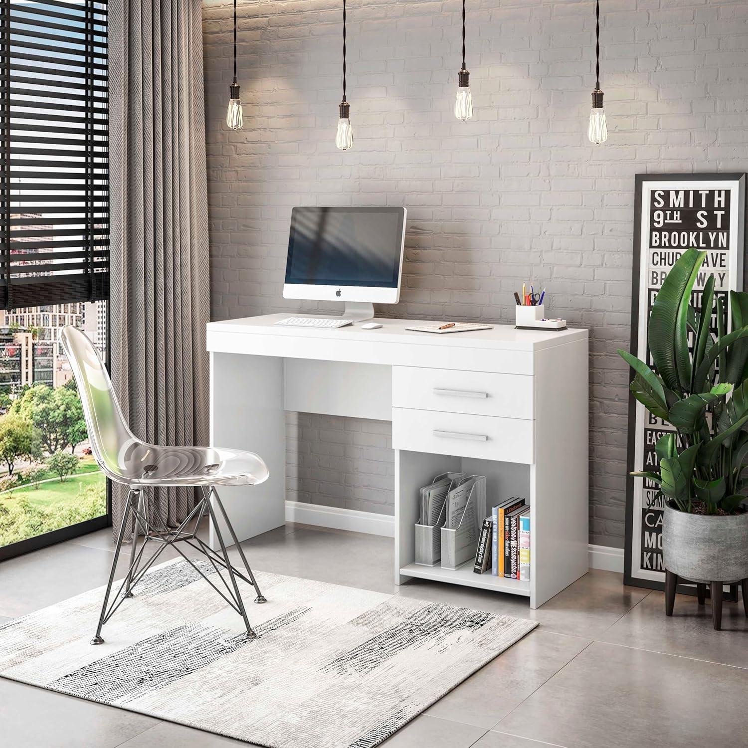 Contemporary White Particle Board Corner Writing Desk with Drawers