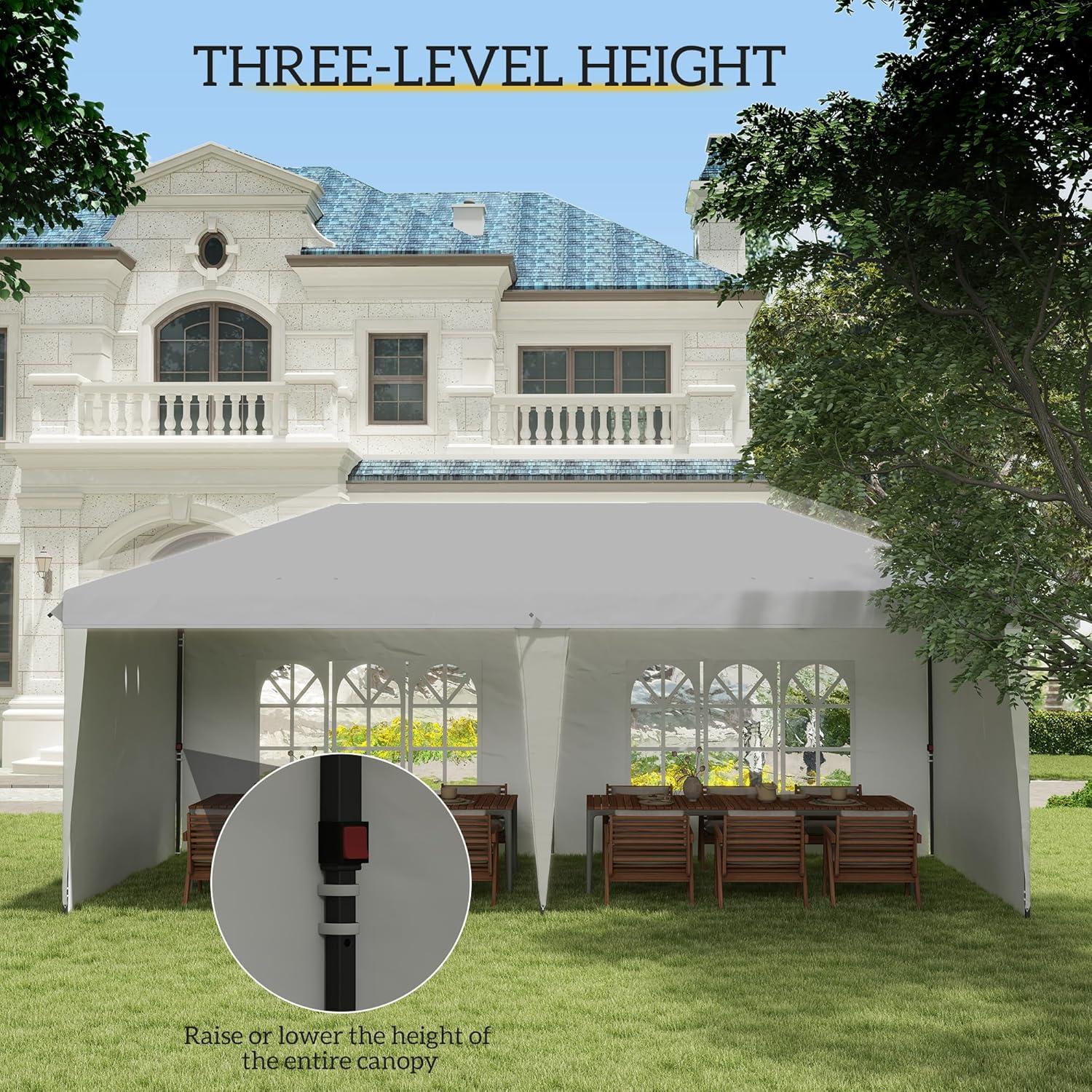 Outsunny 10' x 20' Heavy Duty Pop Up Canopy Party Tent with 4 Removable Sidewalls, Outdoor Cabana Gazebo with Carry Bag, Weather Protection, White