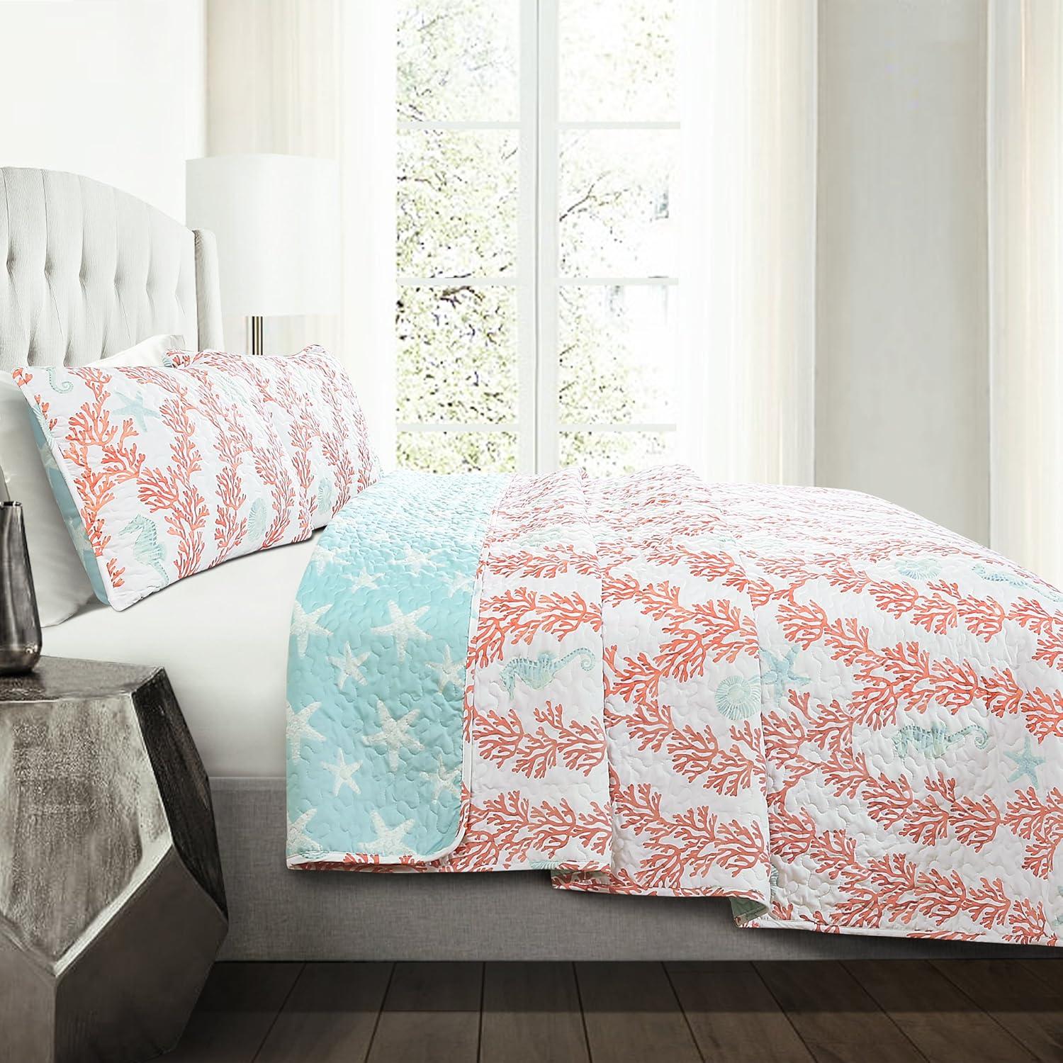 Dina Coral Cotton 3 Piece Reversible Quilt Set