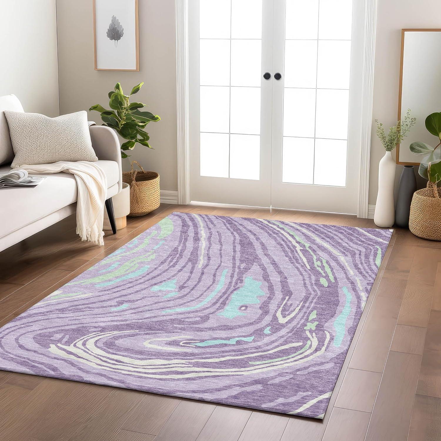 Lavender and Aqua Flat Woven Washable Synthetic Area Rug 5' x 7'