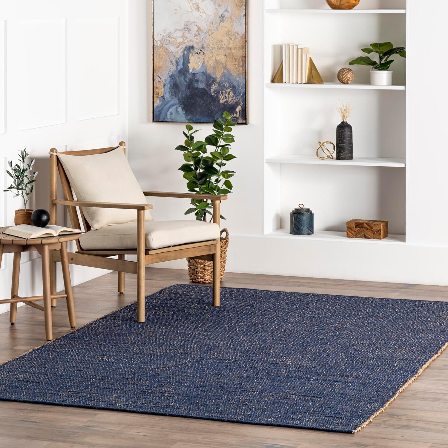 Nuloom 5x8 Elfriede Jute & Cotton Hand Woven Indoor Area Rug, Blue, Solid Rustic Farmhouse Style Natural Fiber Bedroom, Living Room,