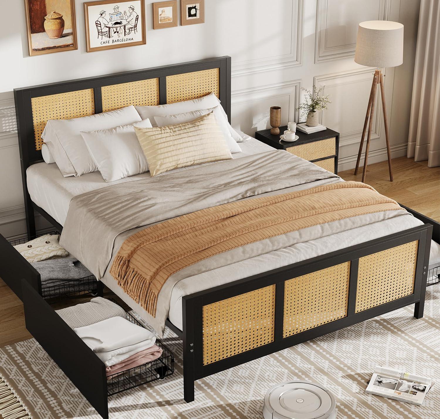 Garvee Rattan Bed Frame with Headboard, Full Bed Frame with Strong Metal Slats Support, Noise-Free Design, No Box Spring Needed, Black