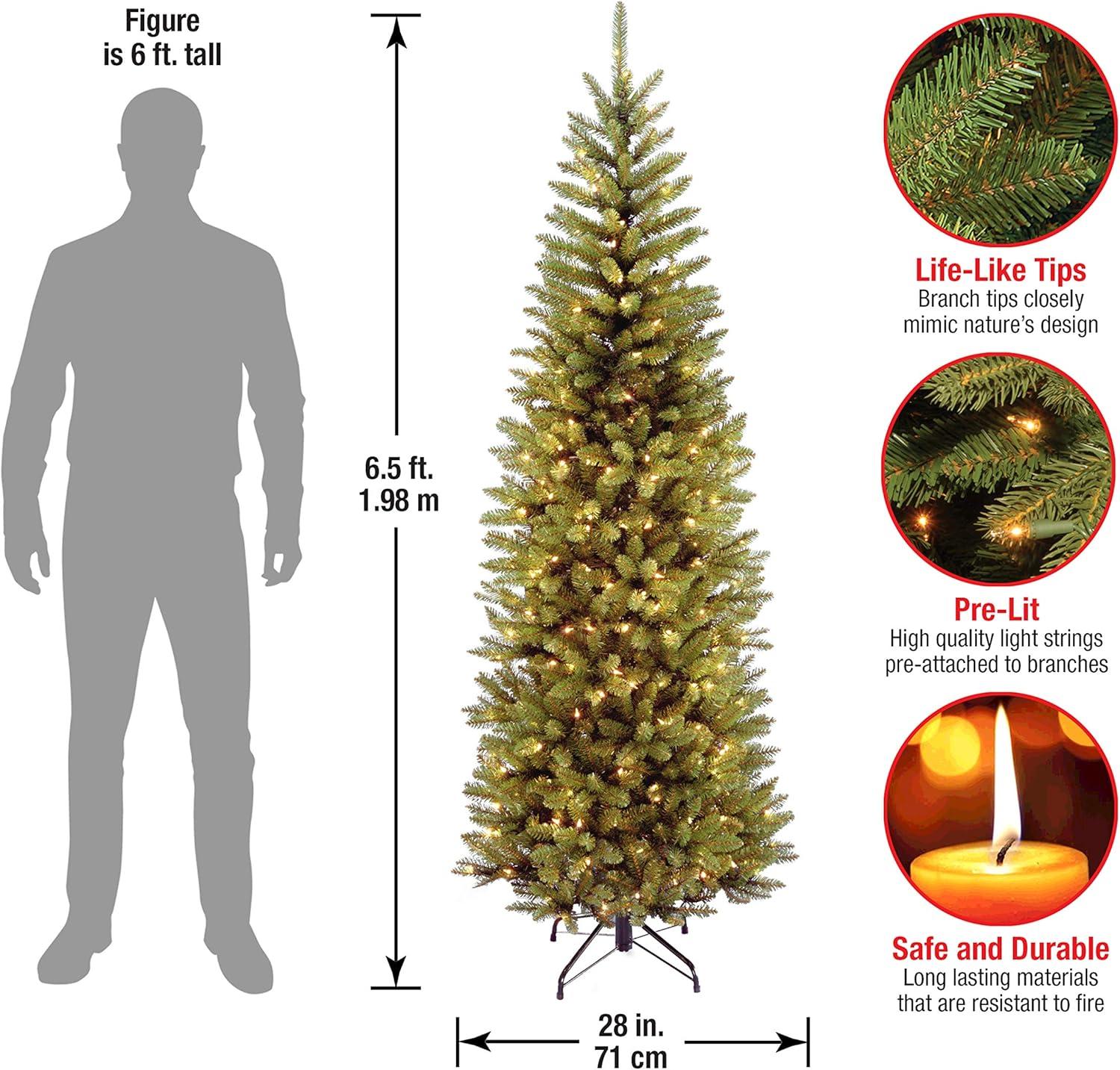 National Tree Company Artificial Pre-Lit Slim Christmas Tree, Green, Kingswood Fir, White Lights, Includes Stand, 6.5 Feet