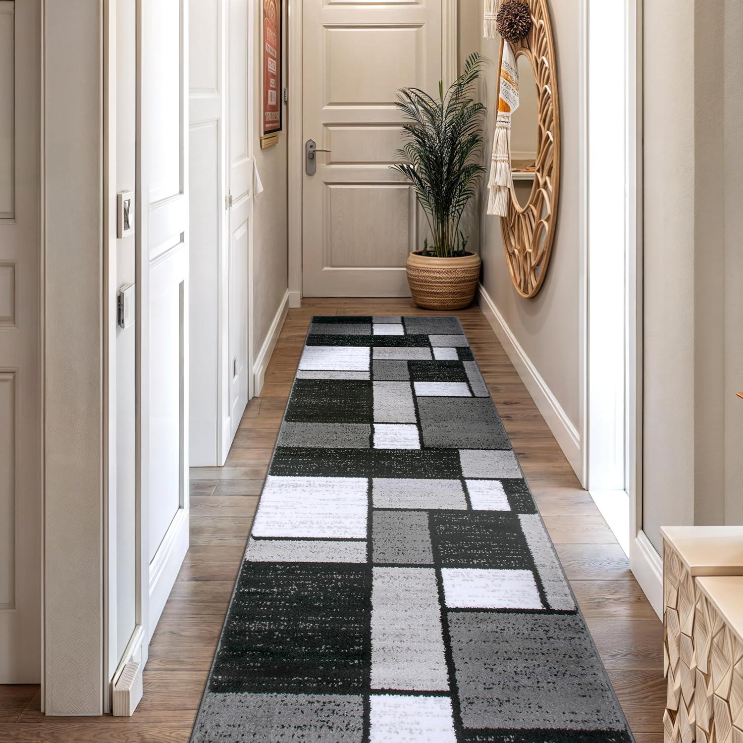 Gray and Black Geometric Pattern Reversible Runner Rug