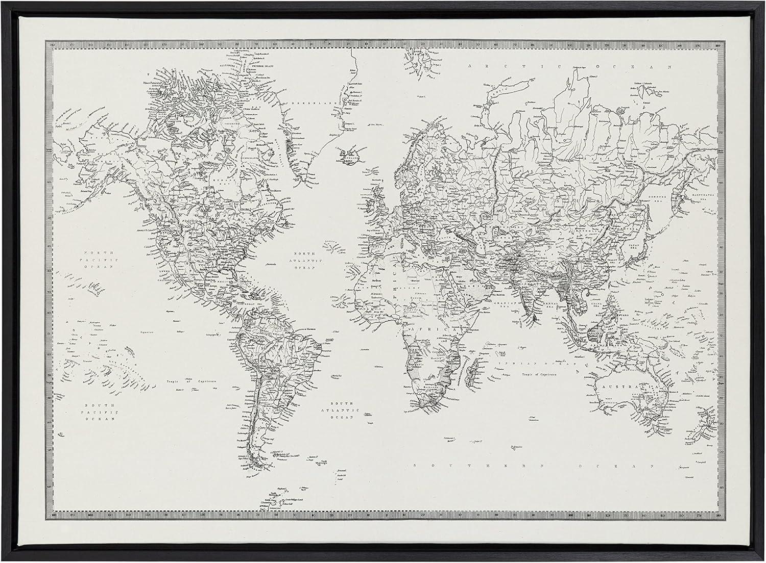 Kate and Laurel Sylvie Vintage Black and White World Map Framed Canvas by The Creative Bunch Studio